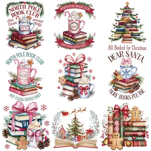 Écussons Thermocollants Club de Lecture de Noël Pour Vêtements Style Aquarelle Pile de Livres Autocollants Pour T-Shirts