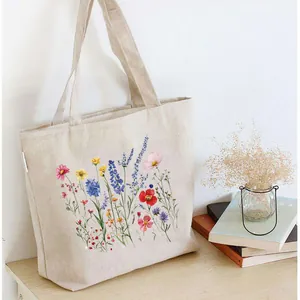 Detail of vibrant watercolor wildflower heat transfer pattern printed on a beige canvas bag