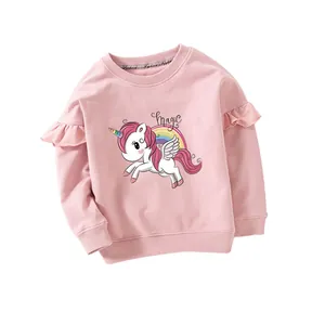 Sweet pink kids pullover sweatshirt with ruffled sleeves and magic unicorn graphic