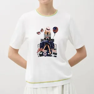 Close-up detail of a fashion lady graphic heat transfer print on a premium white T-shirt