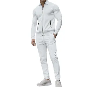 Men's stylish white textured two-piece casual suit featuring a zip-up jacket and matching trousers