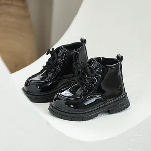 Black patent leather children's Martin boots with non-slip soft sole for boys and girls