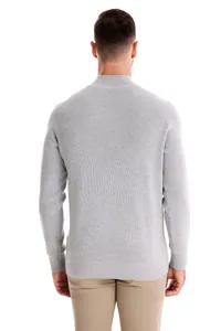 Back view of men's light gray stand collar knit sweater showing detailed ribbed texture