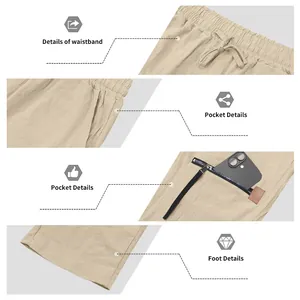 Vista detallada de pantalones de lino para hombre con cintura, bolsillos y bajo