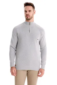 Close-up view of a light gray men's ribbed knit sweater with a metal half-zip neck