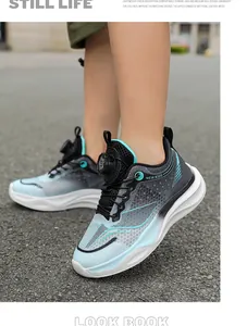 Detailed view of boys' breathable mesh running shoes featuring rotating buckle closure