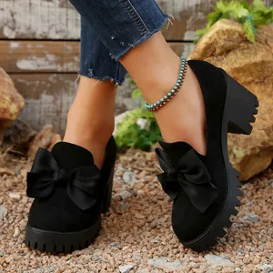 Women's Retro Mary Jane Shoes Bowknot Platform Chunky High Heels Round Toe Faux Suede Pumps British Style Office Lady Dress Shoes