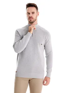 Close-up of men's quarter-zip ribbed sweater in light grey showing zipper and collar detail.