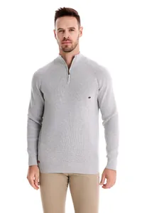 Men's casual light grey quarter-zip knit sweater with stand collar and rib details