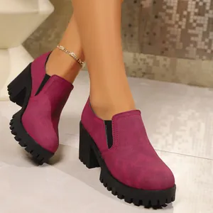 Wine red faux suede chunky high heel platform shoes with round toe and rubber sole