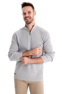 Male model wearing a grey half-zip stand collar knitted sweater for men's casual wear