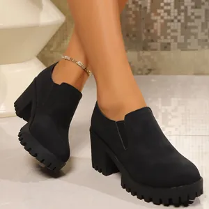 Elegant black chunky high heel platform pumps featuring round toe and a matte finish