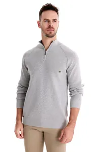 Men's casual light gray half-zip mock neck knitted sweater with high quality texture