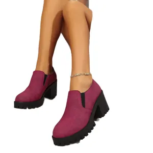 Vintage burgundy chunky heel platform pumps for women with thick lug soles and round toe