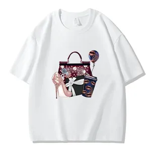 White T-shirt featuring stylish high heel and handbag graphic print