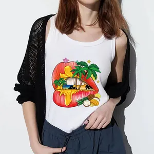 Vibrant tropical lips heat transfer sticker featuring palm trees and fruits on a white tank top