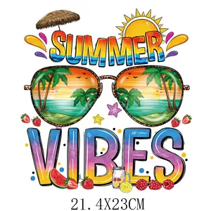 Colorful summer vibes heat transfer sticker with sunglasses and tropical beach design