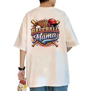 Detail of a colorful "Baseball Mama" heat transfer print on the back of a white T-shirt.