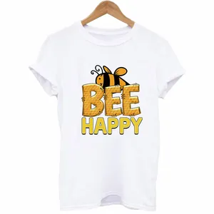 Weißes Baumwoll-T-Shirt mit süßer Comic-Biene und 'BEE HAPPY' Hitzetransfer-Aufdruck