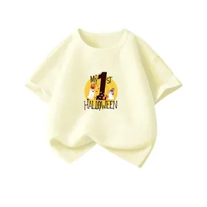 T-shirt bébé mignon My 1st Halloween avec imprimé fantôme et citrouille en jaune crème.