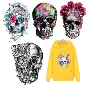 Schedel Bloem Warmteoverdrachtpatches Voor Kleding Tassen Vintage Artistieke Sugar Skull Strijkplaatjes DIY Wasbare Bedrukte Patch