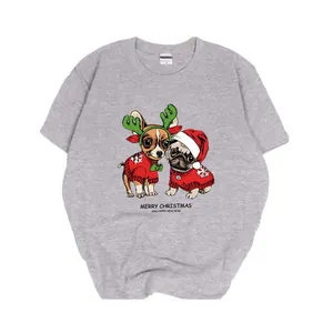 Grey cotton Christmas T-shirt with cute dog graphics and festive holiday greetings