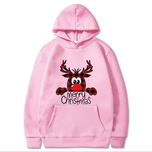 Pink hoodie featuring a cartoon reindeer and Merry Christmas heat transfer design