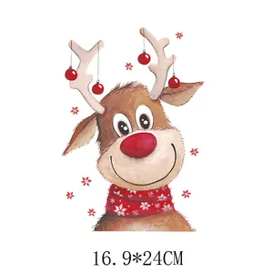 Cute Christmas reindeer heat transfer iron-on patch for clothes, 16.9x24cm size.
