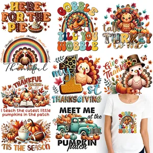 Thanksgiving Turkey Pumpkin Heat Transfer Patches Autumn Fall Iron On Stickers For Clothing DIY PET Film Offset Printing Label
