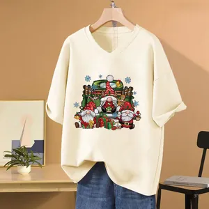 Cream V-neck oversized T-shirt featuring a festive Christmas gnome heat transfer graphic design