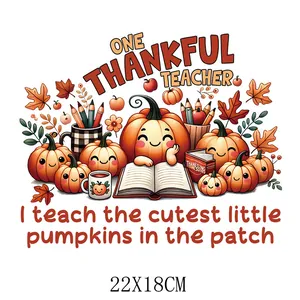 Cute Thanksgiving teacher heat transfer sticker with pumpkin and leaf design 22x18cm