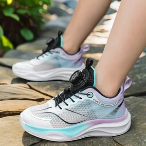 Breathable kids mesh running shoes featuring a convenient rotary lace system in gradient colors