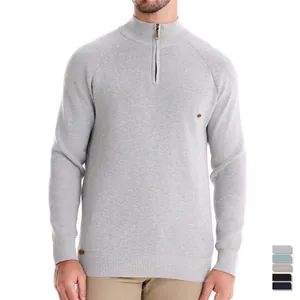 Men Stand Collar Half Zip Cotton Blend Sweater Slim Fit Long Sleeve Ribbed Knit Pullover Casual Solid Color Autumn Top