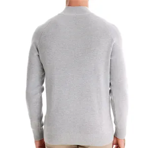 Back view of a classic men's light grey long sleeve stand collar ribbed knit sweater