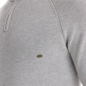 Premium grey men's half-zip ribbed knit sweater featuring a chest brand logo metal badge