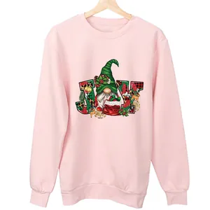 Pink sweatshirt with a festive Christmas JOY gnome heat transfer print design.