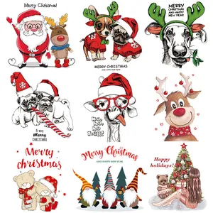 Weihnachten Cartoon Wärmeübertragung Patches Für Kleidung Kunststoff PET Folie Weihnachtsmann Rentier Gnom Bedruckte DIY Aufkleber