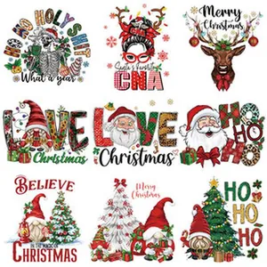 Variety of Christmas heat transfer decals including Santa, gnomes, and festive patterns.