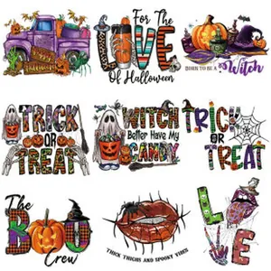 Collection of diverse Halloween themed heat transfer decals with pumpkins and ghosts