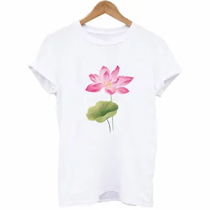 Detailed macro shot of beautiful pink lotus flower heat transfer print on white T-shirt