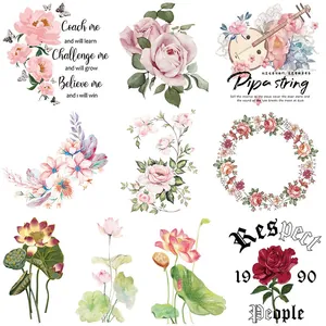 Floral Heat Transfer Patches Aesthetic Lotus Rose Printed Iron On Stickers DIY Clothing Decoration Washable Apparel Accessories