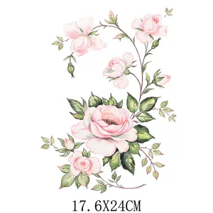 Aesthetic pink rose floral heat transfer sticker for diy clothes decoration 17.6x24cm