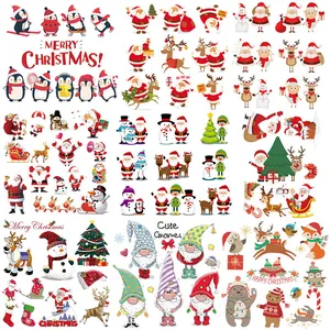 Parches de Navidad de Transferencia de Calor para Ropa Bricolaje Lavable Dibujos Animados Papá Noel Pingüino Muñeco de Nieve Reno PET Parches