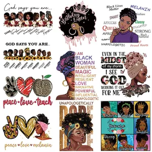 African American Woman Heat Transfer Patches For Clothing DIY Iron On Patch Religious Inspirational Quotes Floral Butterfly Afro Queen DTF Sticker