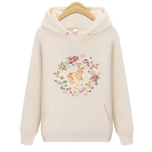 Cream fleece hoodie featuring a cute fawn deer inside a colorful floral wreath design.