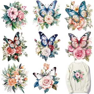Watercolor Butterfly Flower Heat Transfer Patches For Clothing Washable DTF Iron On Decals DIY Decorative Stickers For T-Shirts Bags