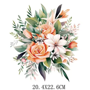 Watercolor floral heat transfer patch with roses and lilies for clothing DIY, 20.4x22.6cm