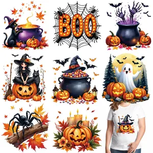 Halloween Heat Transfer Patches Cartoon Pumpkin Ghost Skull Cat Iron On Patches For T-Shirt Bag DIY Washable PET Film Applique