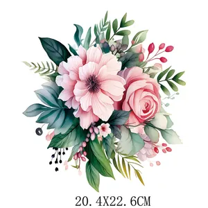 Elegant watercolor pink flower heat transfer decal for DIY clothing, 20.4x22.6cm