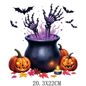 Halloween heat transfer vinyl sticker with pumpkin and cauldron design, size 20.3x22cm